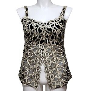 Vintage 90s‎ SAM Gold Embroidered Mesh Evening Top Bustier Style XL USA